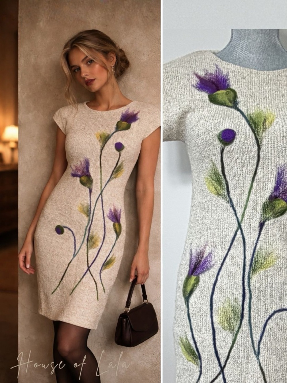 Vintage Floral Knit Dress Neutral Felted Detail Soft Stretch Midi Small